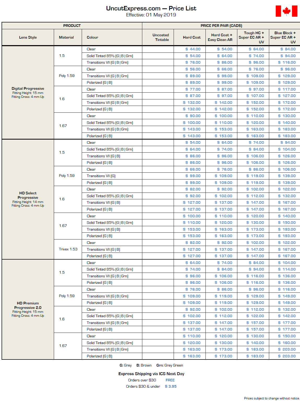 Uncut Express Price List